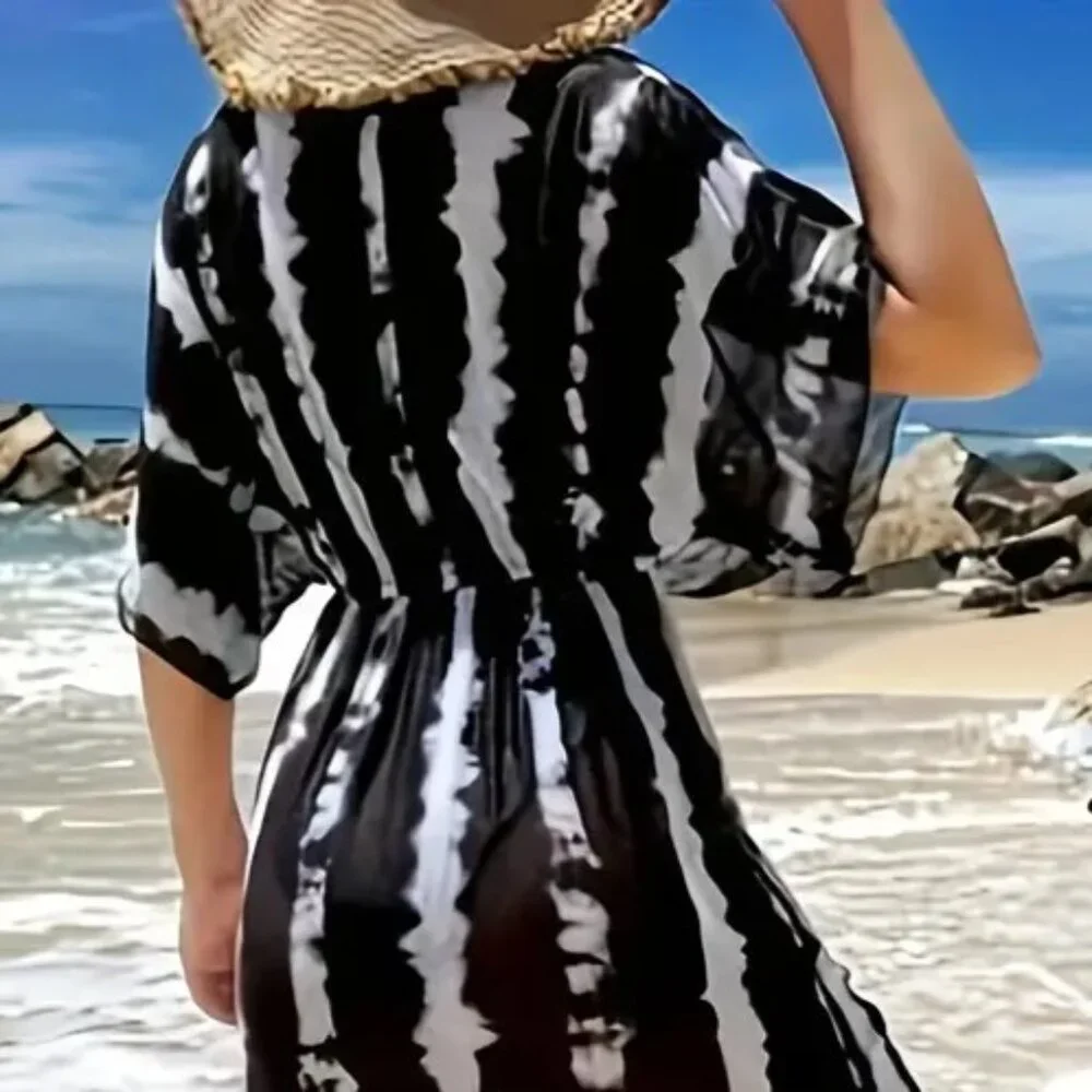 Swim Cover Up Dress Black White Stretch Flattering Semi Sheer π NEW - Picture 3 of 8
